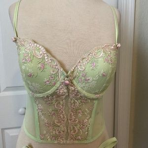 Delicates Lime Green Pink Floral Bustier and Matching Thong